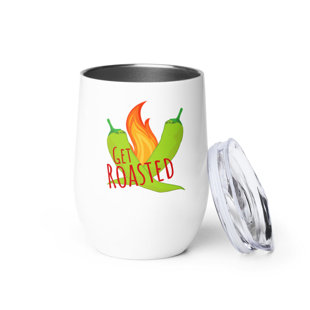 Get Roasted Wine Tumbler with a design featuring two chili peppers and flames, alongside the text "get roasted," and a clear, removable lid placed beside it on a white background.