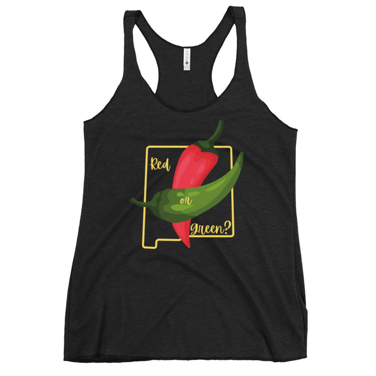 A lightweight, form-fitting black racerback tank top featuring an illustration of a red and a green chili pepper intertwined in the center. The words "Red or Green?" are displayed in yellow, with the design framed by an outline of a chili pepper. The product is called the State Question Women's Tank.