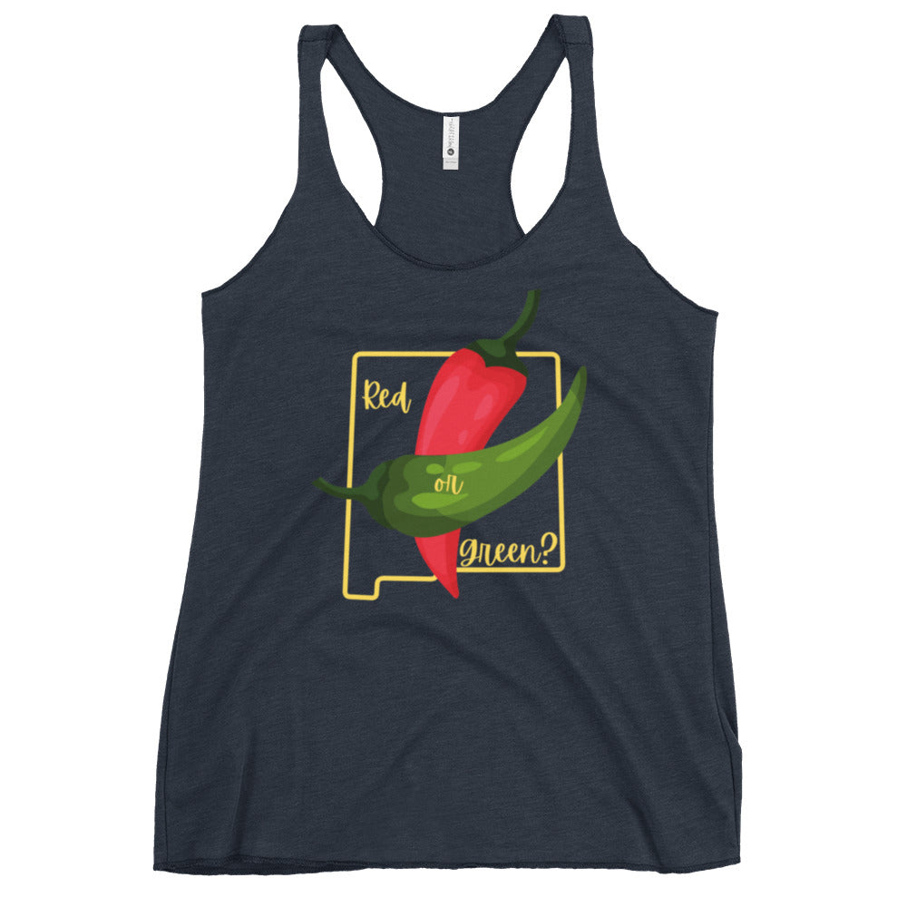 A form-fitting, dark gray racerback tank top featuring a vibrant illustration of a red chili pepper and a green chili pepper crossing each other in the center. The words "Red or Green?" are stylishly written around the peppers. Lightweight and perfect for any casual occasion—introducing the State Question Women's Tank.