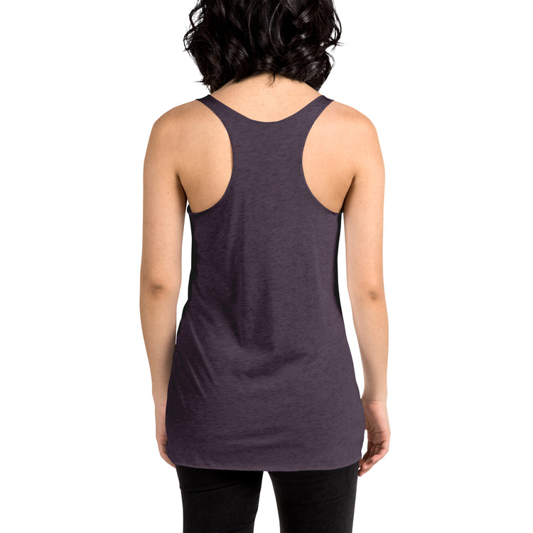 A person with shoulder-length black hair is shown from the back, wearing a dark gray, form-fitting State Question Women's Tank and black pants. The background is plain white.