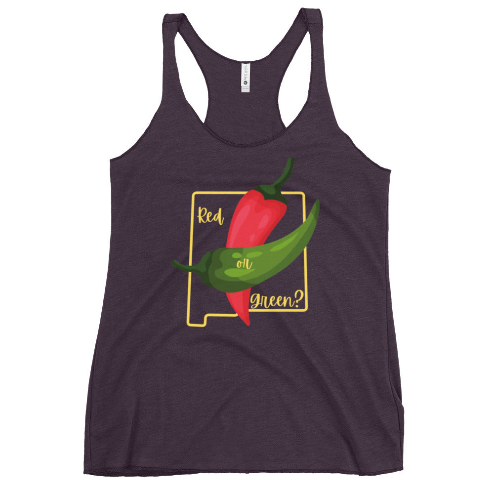 Sure! Here's the updated sentence:

A dark-colored, form-fitting racerback tank top features a graphic of a red chili pepper and a green chili pepper. Behind the peppers is an outline of the state of New Mexico with the text "Red or Green?" in a yellow font. This is the State Question Women's Tank.