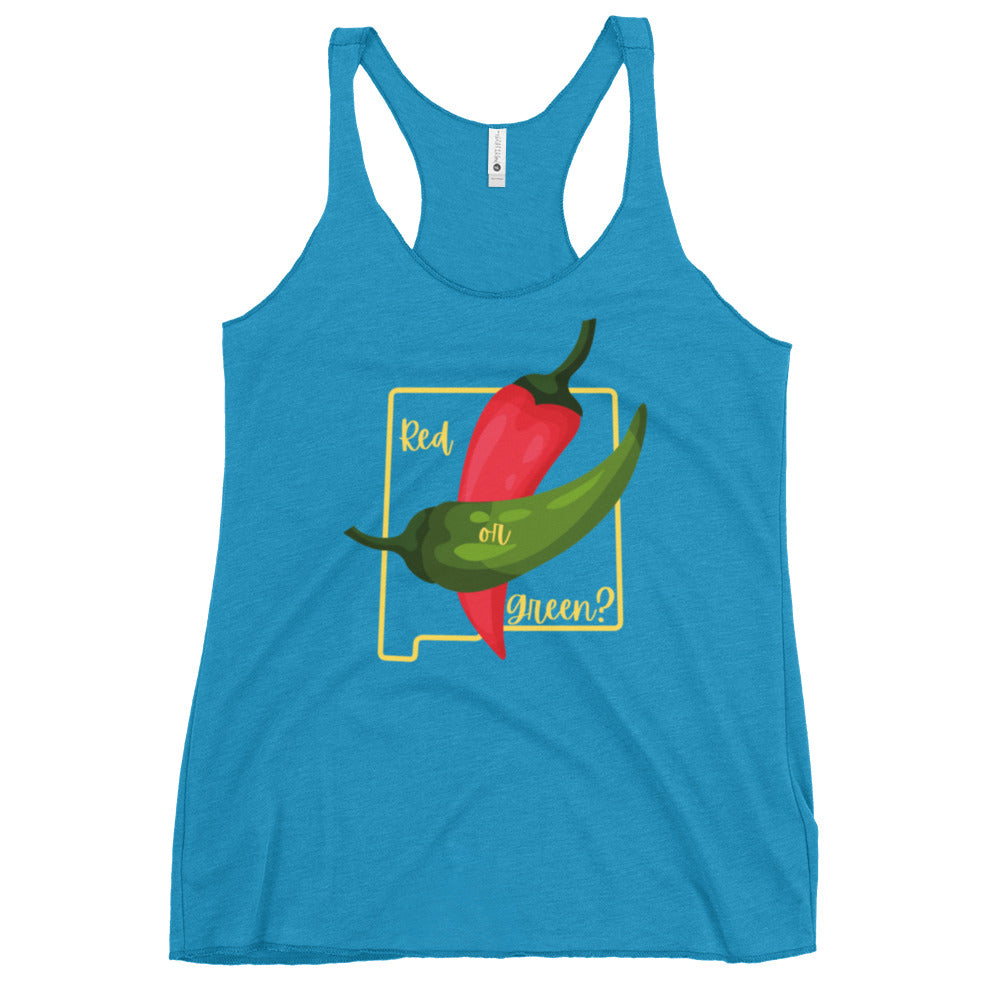 A lightweight, form-fitting blue State Question Women's Tank featuring a graphic of a red chili pepper and a green chili pepper crossed with each other. Behind the peppers is a yellow outline of a state shape, with the text "Red or Green?" in red and green letters.