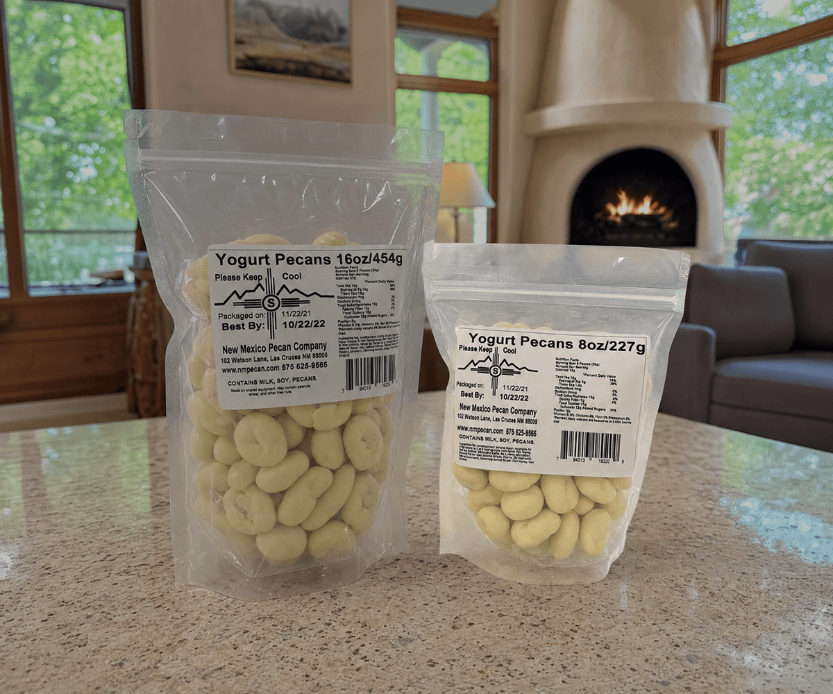 New Mexico yogurt-covered pecans in 8 oz and 16 oz resealable bags