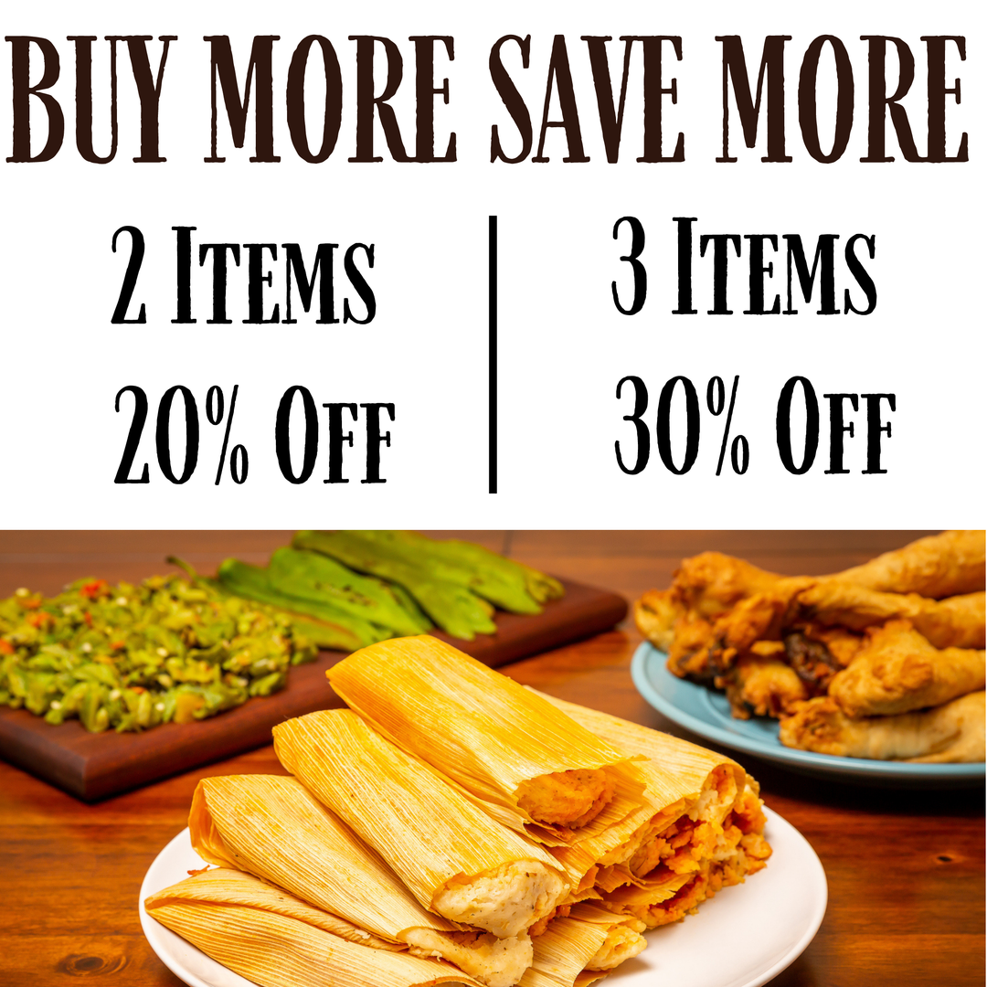 Promotional image displaying "buy more save more" offer with 20% off on 2 Hatch Green Chile Chicken & Cheese Chimichangas and 30% off on 3 Hatch Green Chile Chicken & Cheese Chimichangas, overlaid on images of assorted prepared foods including t