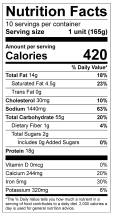 Nutrition facts label for Hatch Green Chile Chicken & Cheese Chimichangas showing servings per container, serving size, and breakdown of calories and nutritional content such as fats, cholesterol, sodium, carbohydrates, proteins, and nutrients.
