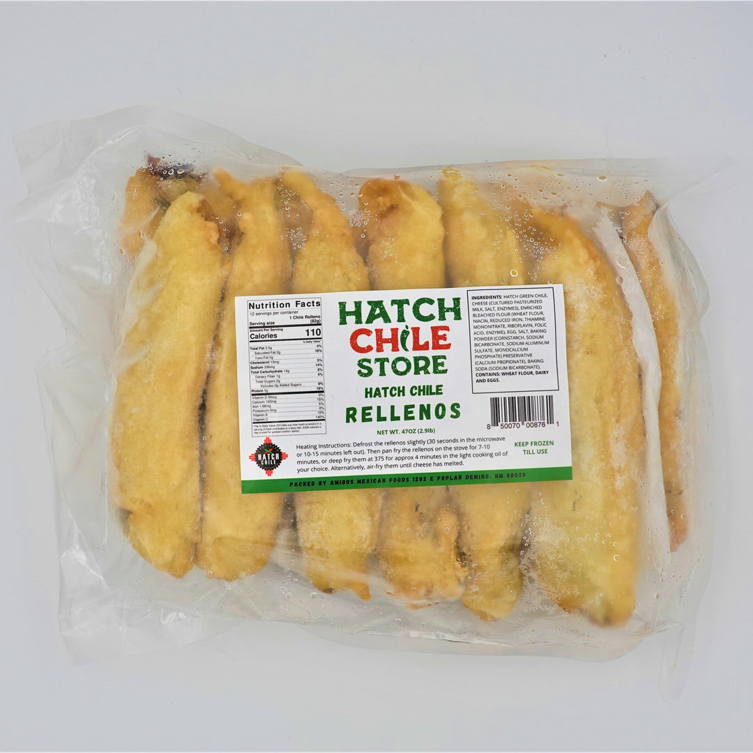 A clear plastic package containing breaded Hatch Chile rellenos, labeled with nutritional info and branding. The rellenos are visible through the packaging.