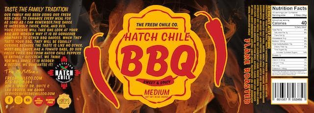 Packaging design for the Sweet & Spicy Hatch Red Chile BBQ Sauce, featuring vibrant red and orange flames and a prominent title. Nutritional facts and a barcode are visible on the right side.