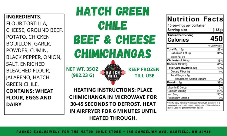 Label of Hatch Green Chile Beef & Cheese Chimichangas showing ingredients, nutrition facts, and cooking instructions, with a green and white color scheme and bold text.