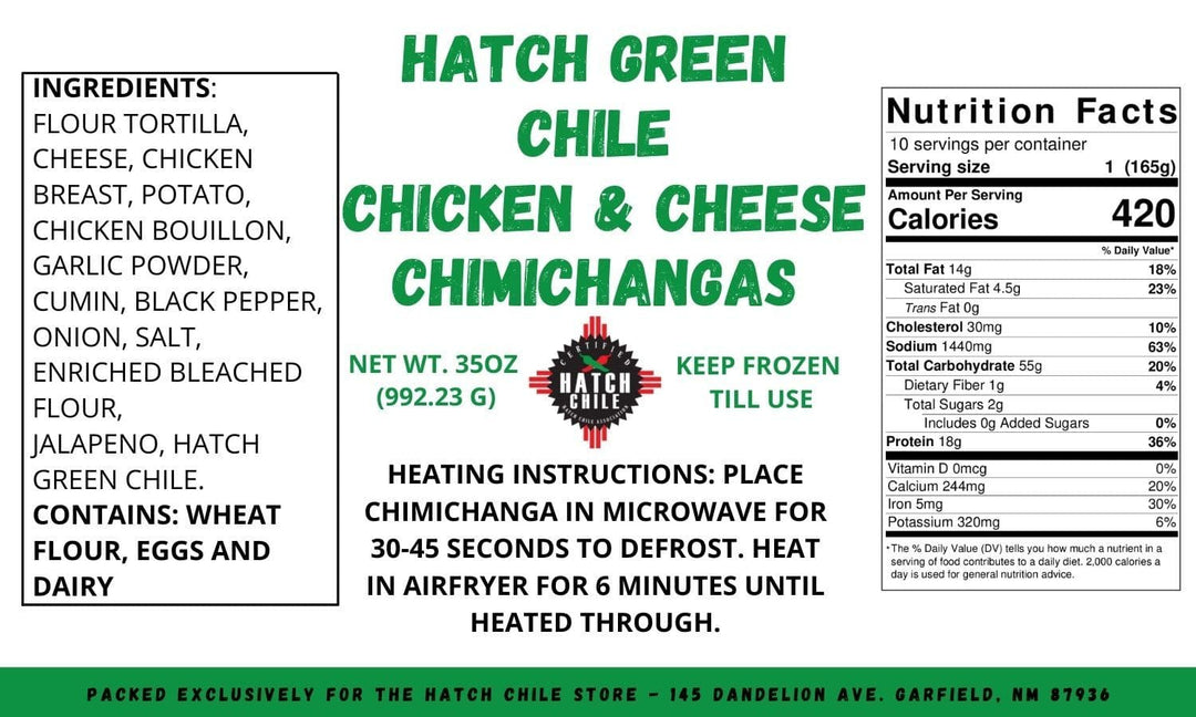 Label of Hatch Green Chile Chicken & Cheese Chimichangas with ingredients such as tortilla, chicken, cheese, and spices listed alongside nutritional information and reheating instructions.