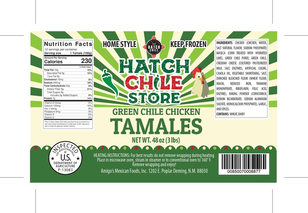 A product label for Hatch Green Chile Chicken Tamales store's home style green chile chicken tamales, displaying nutritional facts, the USDA inspection seal, and brand details including the manufacturing location in Deming, NM