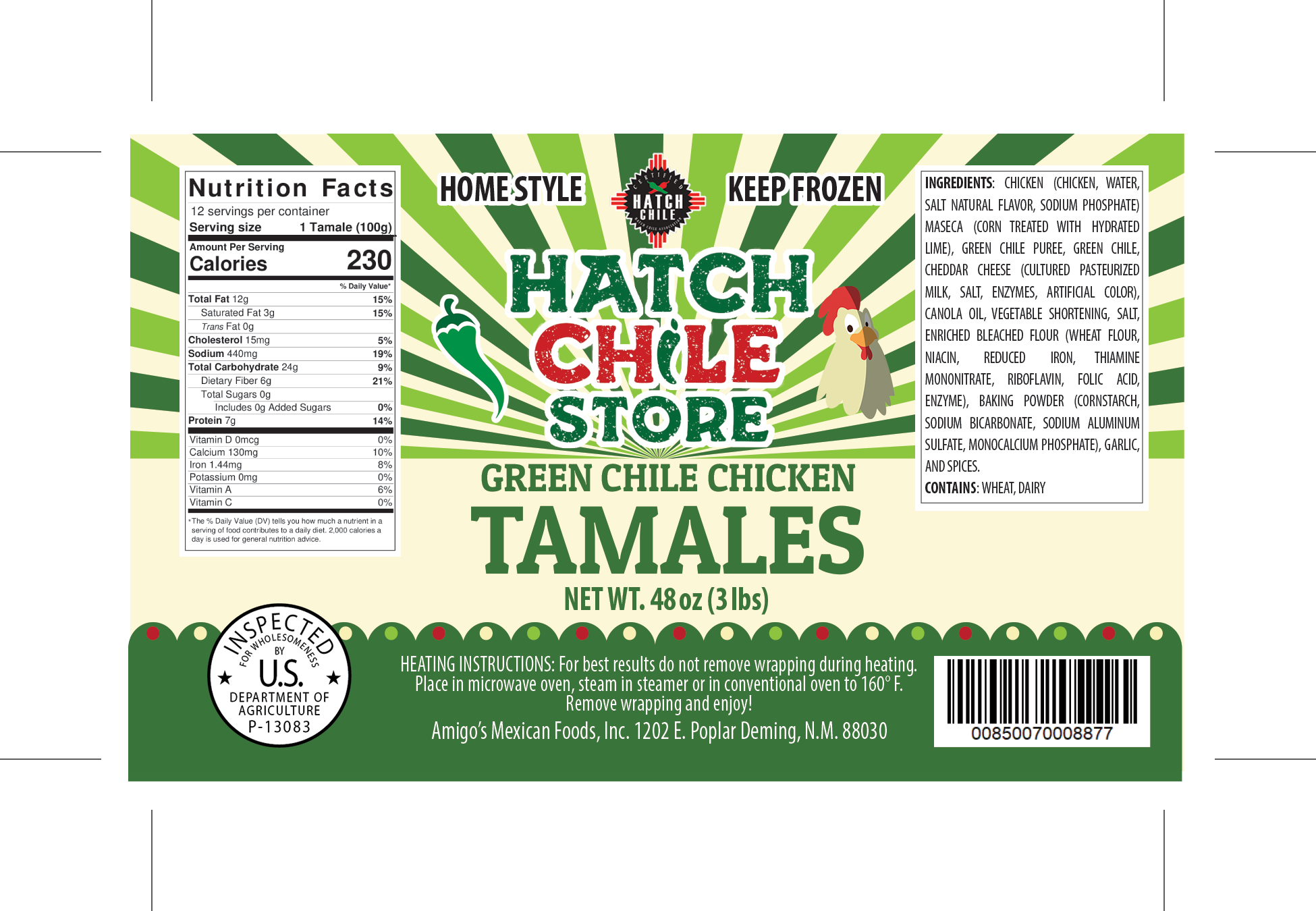 A product label for Hatch Green Chile Chicken Tamales store's home style green chile chicken tamales, displaying nutritional facts, the USDA inspection seal, and brand details including the manufacturing location in Deming, NM