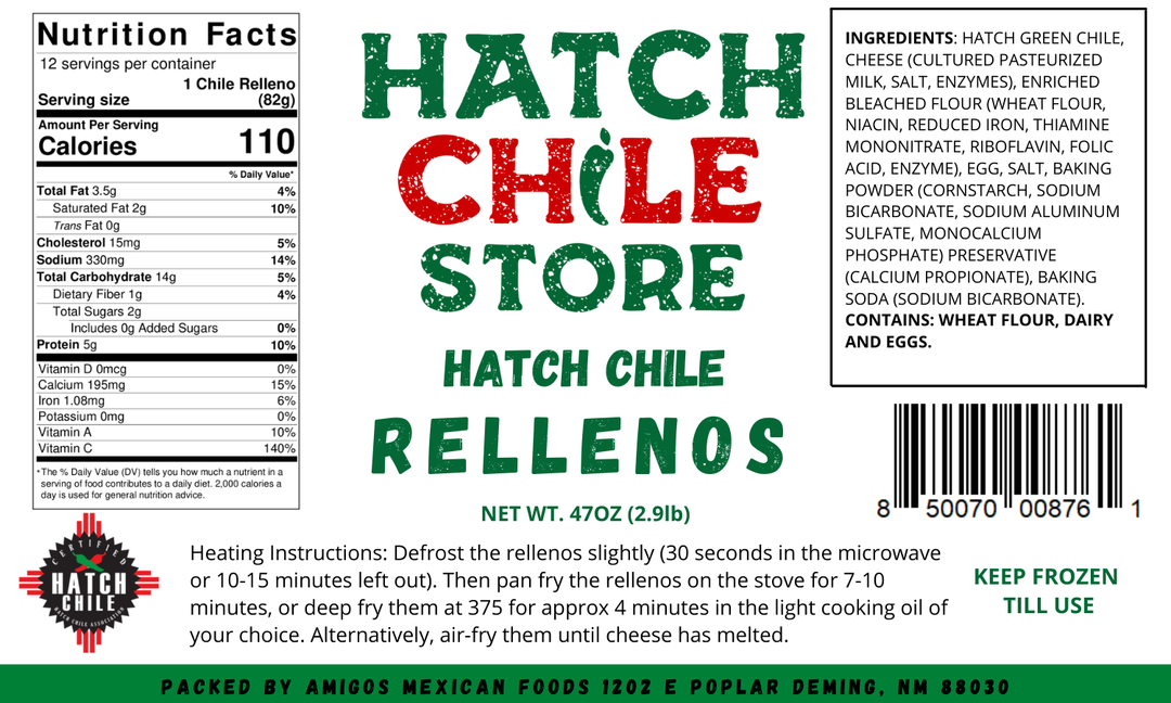 A product label for Green Chile Rellenos featuring nutritional facts, a barcode, and a list of ingredients. The label also includes cooking instructions and storage information.