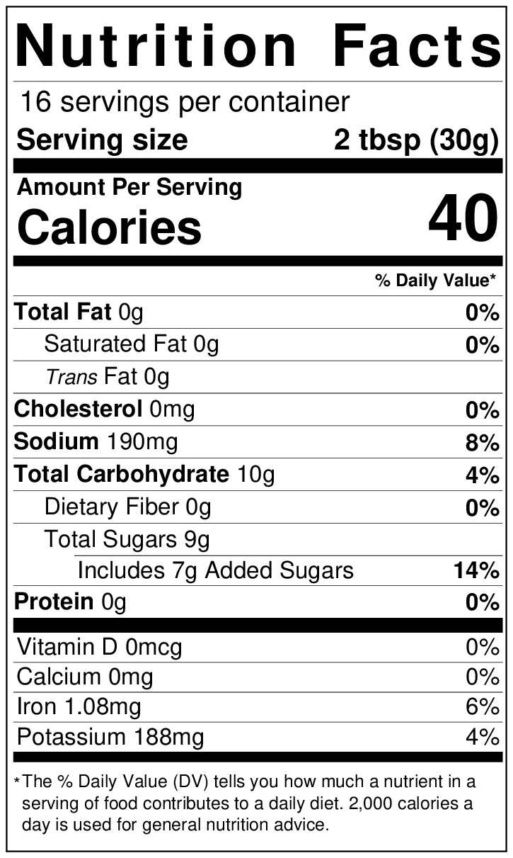 Sentence with product name: Nutrition label displaying serving size, calories, and detailed breakdown of fats, cholesterol, sodium, carbohydrates, dietary fiber, sugars, protein, and vitamins for Sweet & Spicy Hatch Red Chile BBQ Sauce.