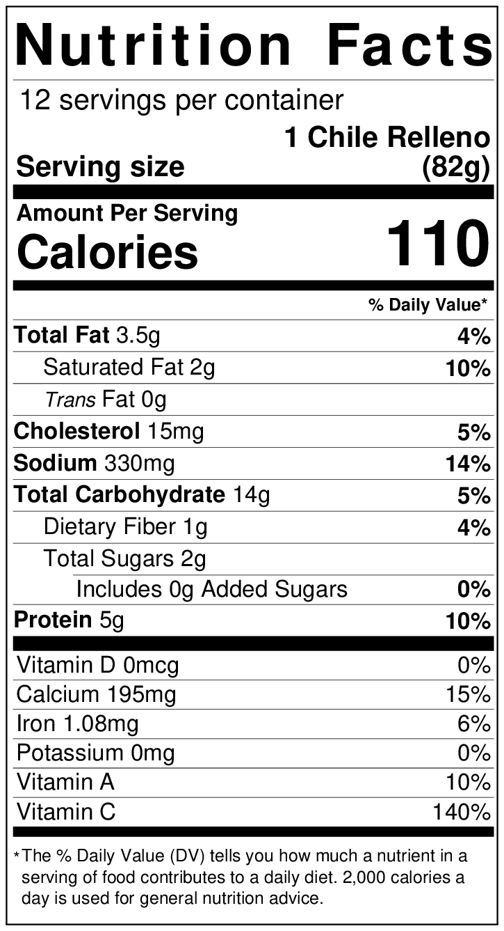 Image showing a nutrition facts label for 1 Hatch Chile Rellenos, listing serving size, calories and percentages of daily values for total fat, cholesterol, sodium, dietary fiber, sugars, protein.
