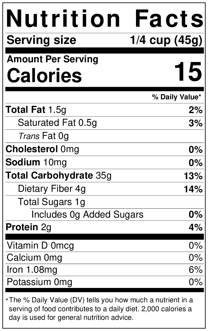 Nutrition facts label showing serving size, calories, and nutrient amounts per serving. Categories include total fat, cholesterol, sodium, carbohydrates, and vitamins. Percent daily values included for Posole (Hominy)-based New Mexican