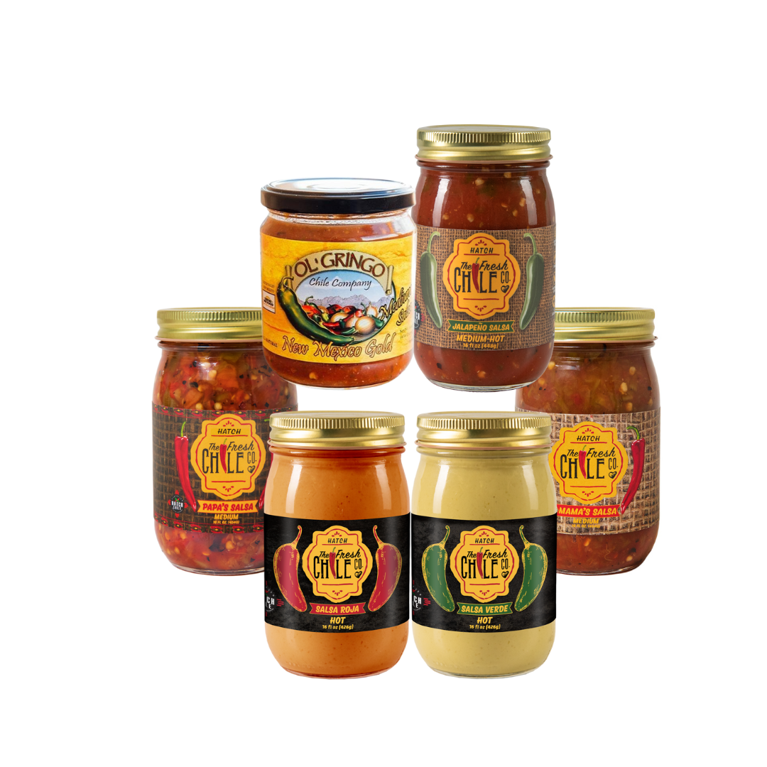 Five jars of Hot Salsa Sampler, labeled "chil lee" and "old gringo," displayed against a white background. The jars contain colorful, chunky contents visible through.