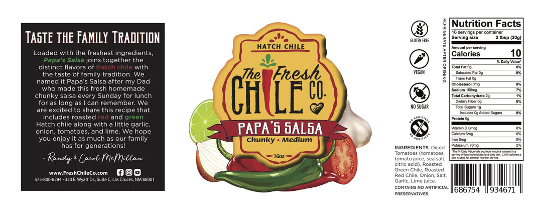 Front and back labels of "Papa's Chunky Hatch Chile Salsa" jar. The front features a colorful logo with Hatch Green Chiles, and the back shows
