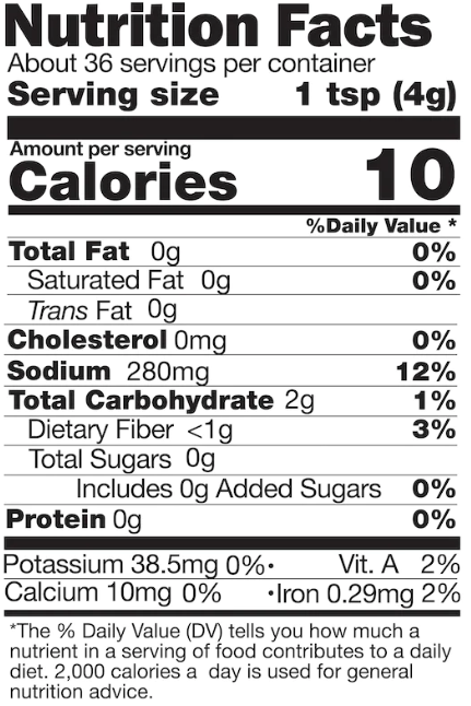 Nutrition facts label displaying serving size, calories, and nutrients including fats, cholesterol, sodium, carbohydrates, and protein with Hatch Red Chile Steak & Chop Rub and percentages of daily values based on a 2,000