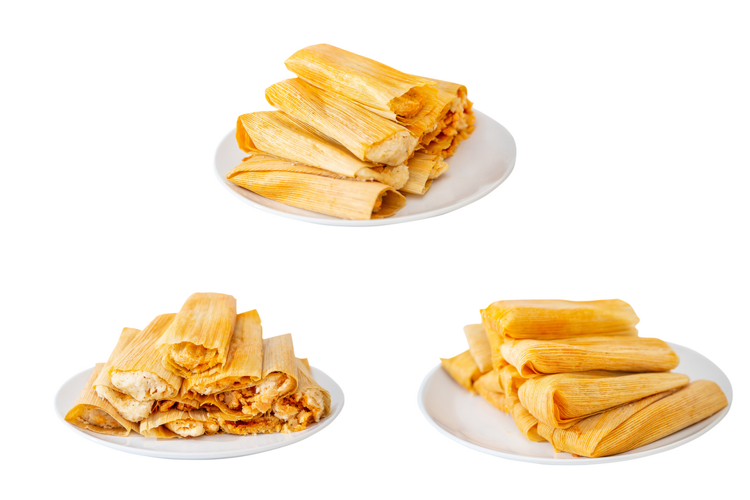 Three plates of Tamale Trio Sampler isolated on a white background, each showing different fillings, including chicken and vegetables.