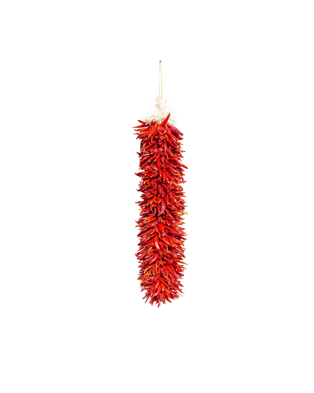 A vibrant red Chile Pequin Ristras hanging against a plain white background.