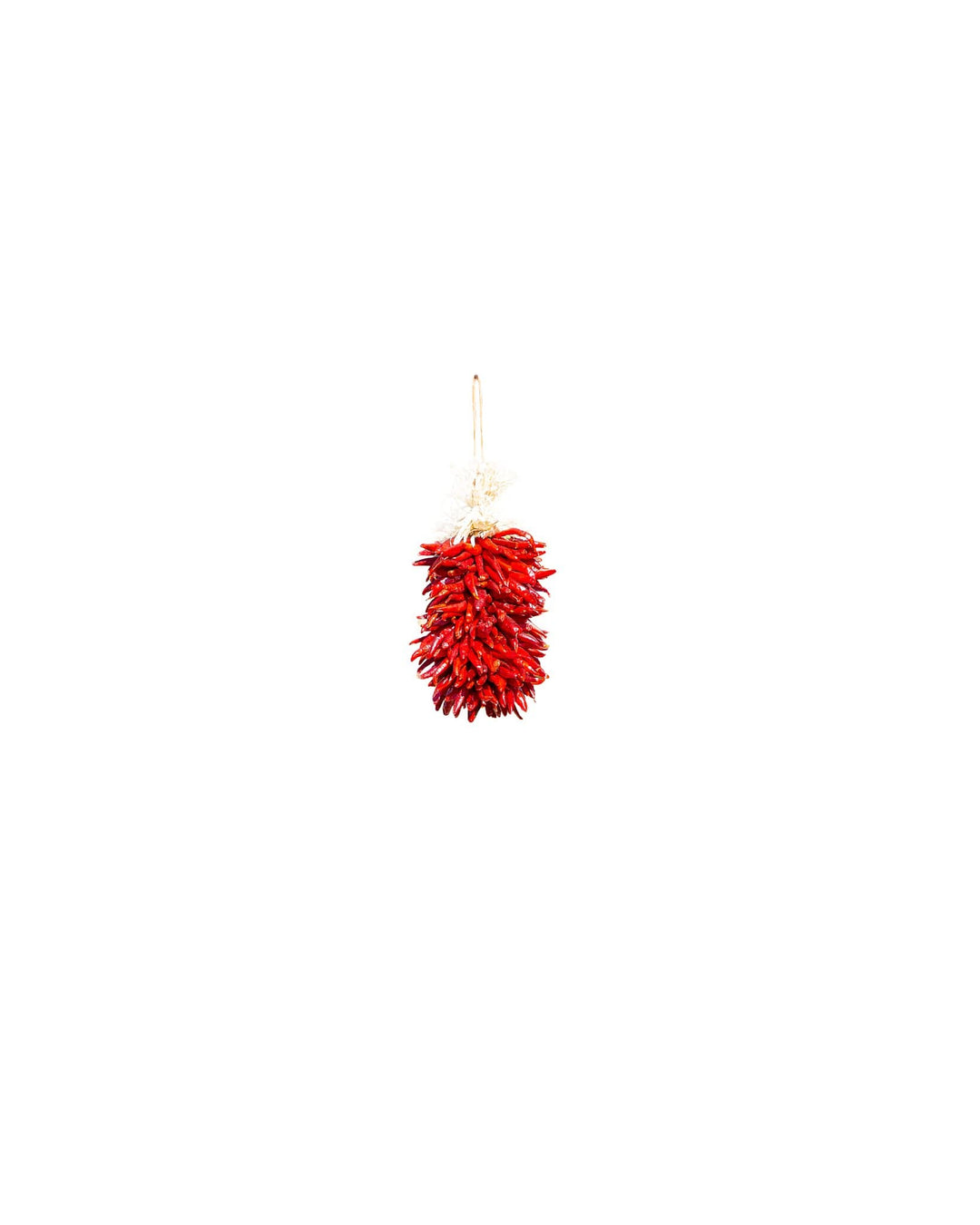 A vibrant Chile Pequin Ristras ornament hanging against a plain white background, evoking the New Mexican charm.