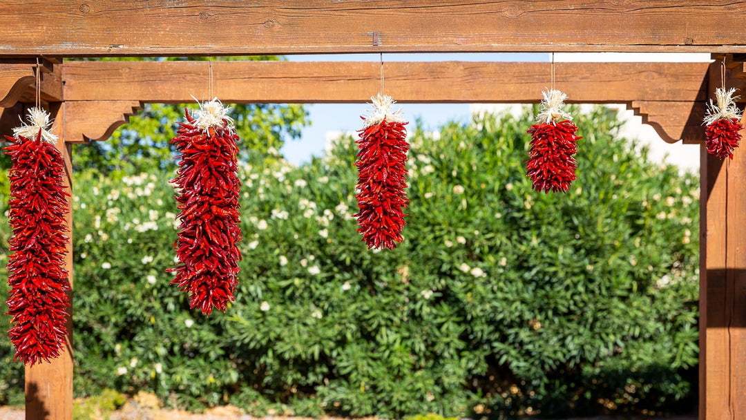Several bunches of Chile Pequin Ristras hanging from a wooden beam in a sunny outdoor setting, with green foliage in the background.