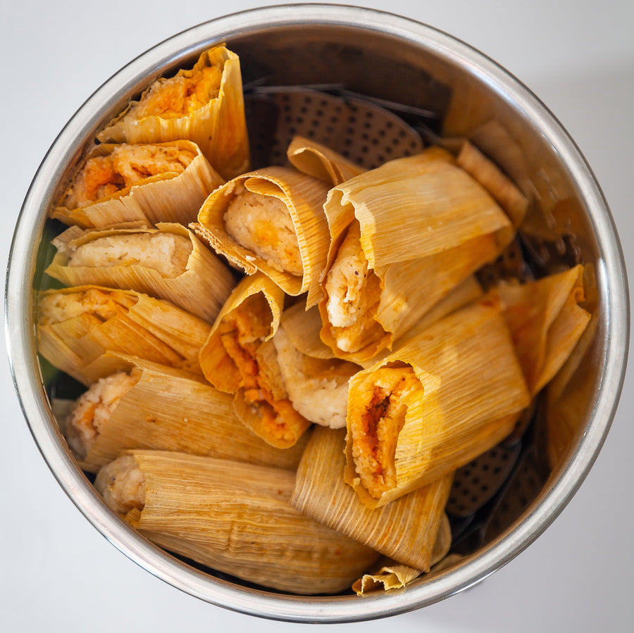 Steamer pot full of Hatch red chile pork tamales
