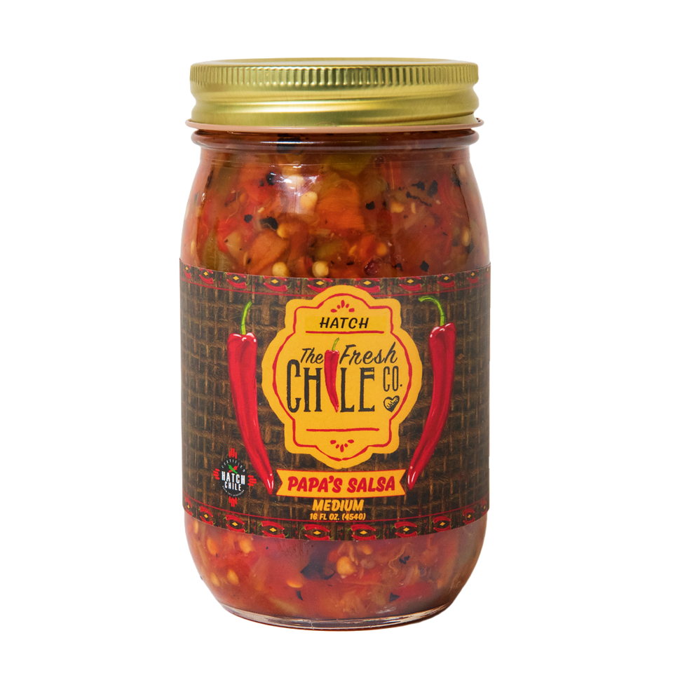 A jar of "Papa's Chunky Hatch Chile Salsa," labeled "Papa's Salsa," filled with colorful chunky vegetables visible through the glass.