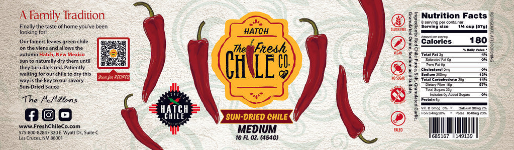 Label of "the Fresh Hatch Red Chile Sauce" featuring red chillies images, nutritional facts, company logo, QR code, and social media icons on a textured background