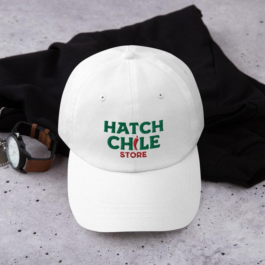 White Hatch Chile Store dad hat with embroidered logo