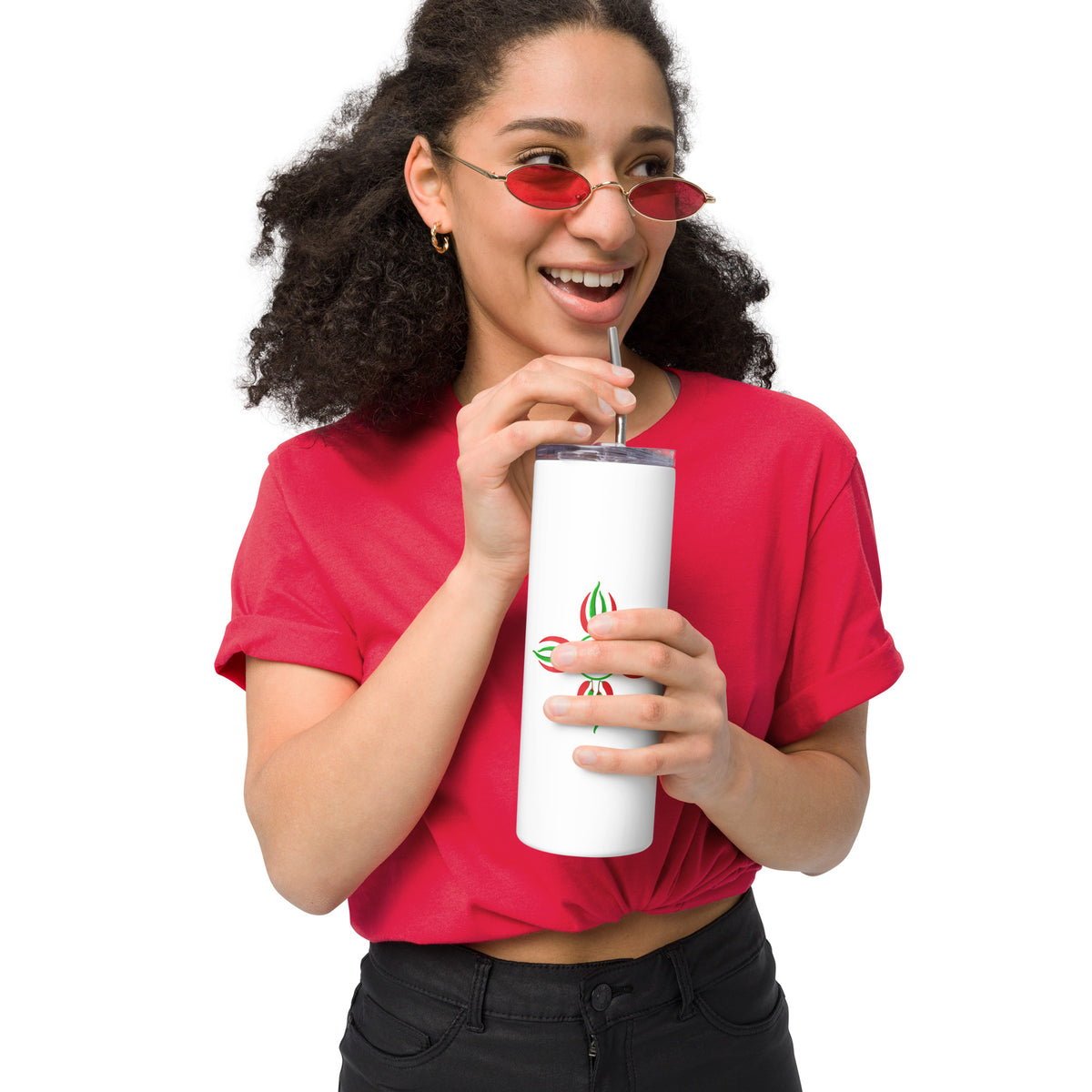 Chile Zia Stainless Steel Tumbler — stainless steel tumbler in white, front view