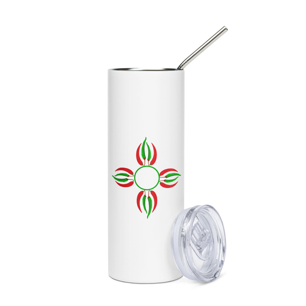 Chile Zia Stainless Steel Tumbler — stainless steel tumbler in white, front view
