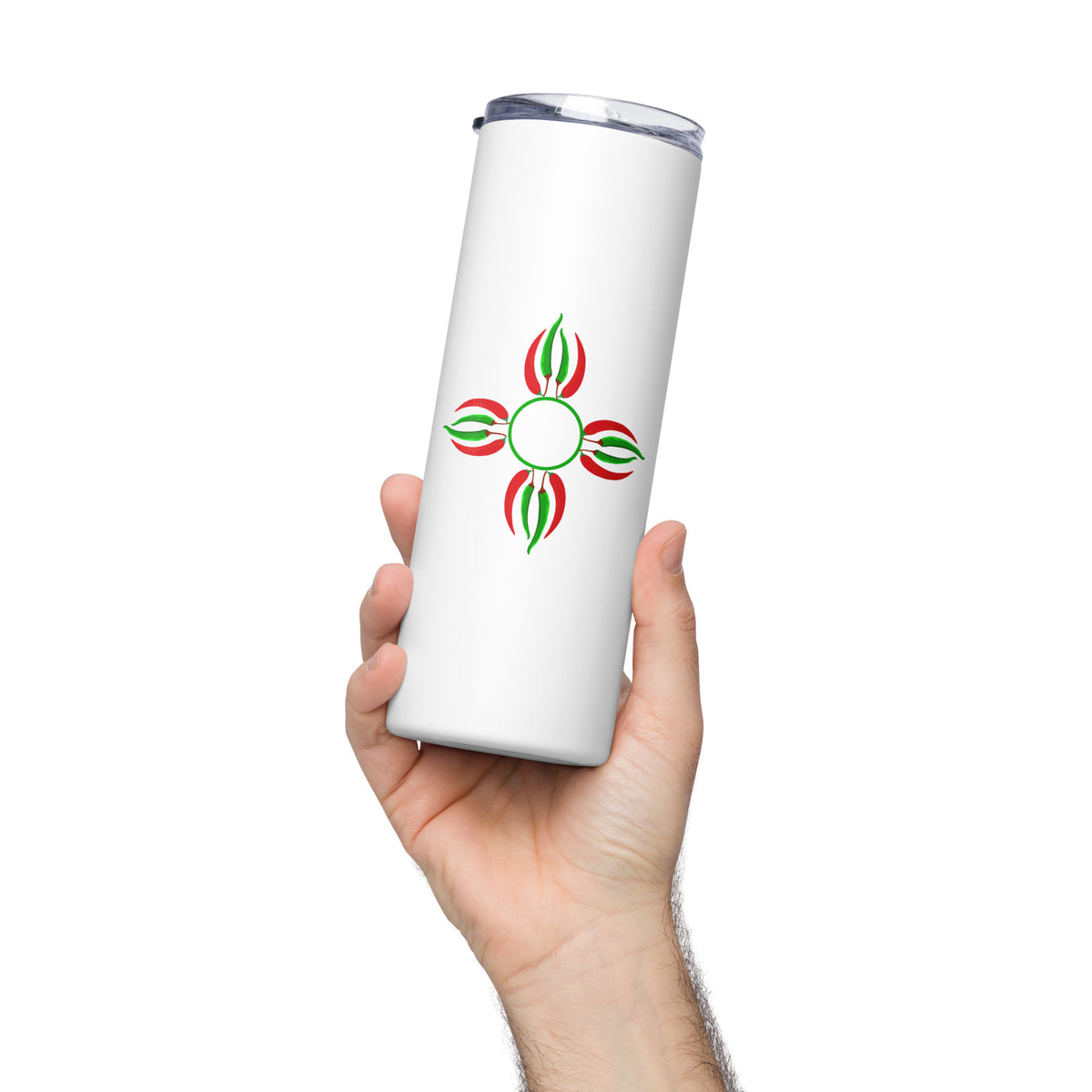 Chile Zia Stainless Steel Tumbler — stainless steel tumbler in white, front view