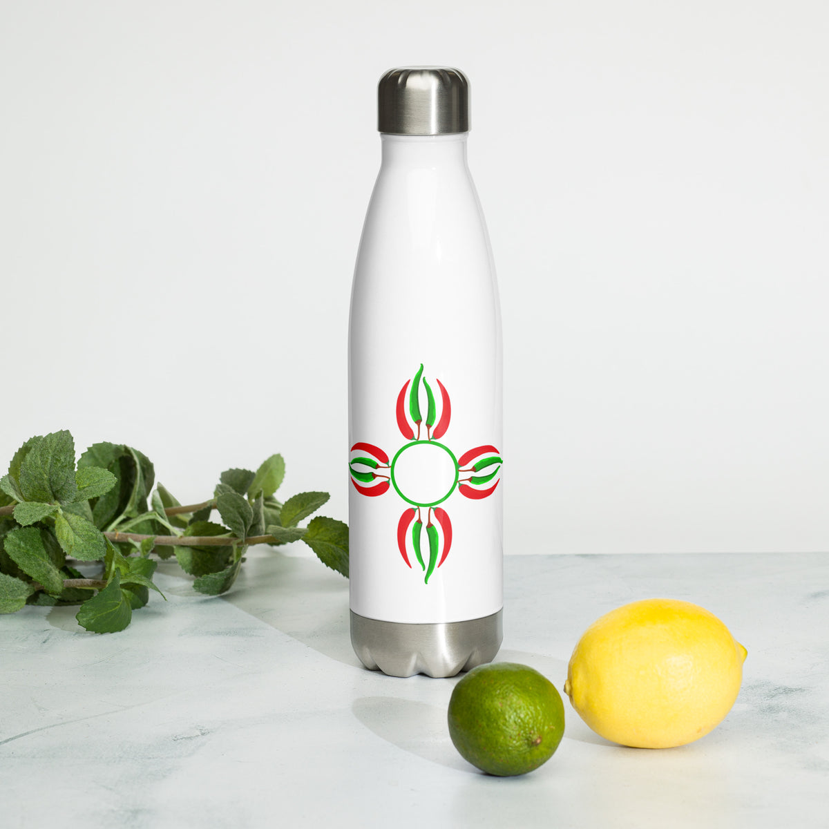 Chile Zia Water Bottle — stainless steel water bottle in white 17oz, alternate front view
