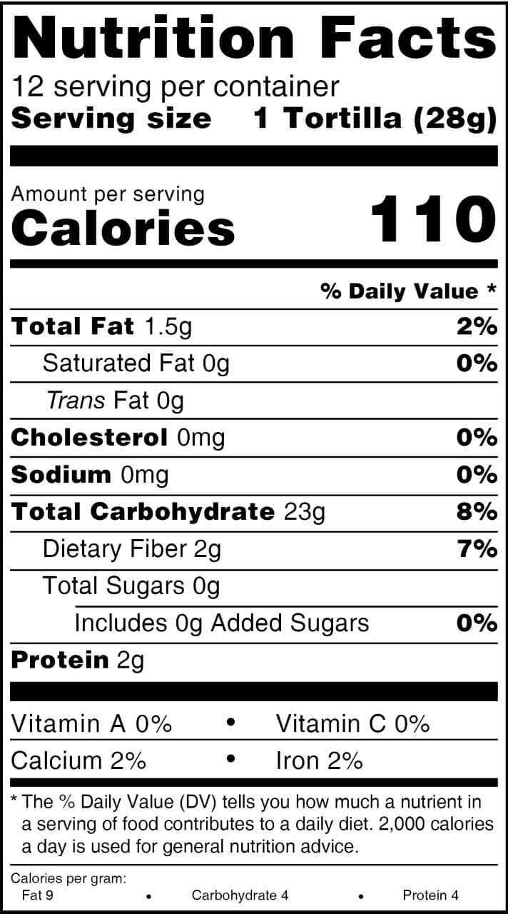 Nutrition facts label for Hatch red chile corn tortillas