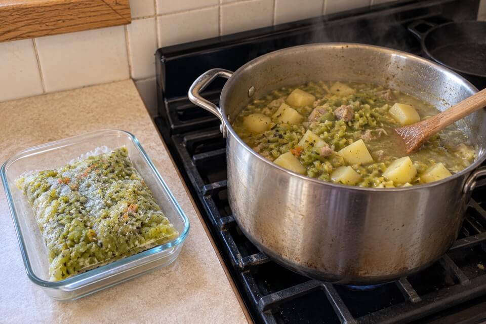 A frozen portion of chopped green chile beside a pot simmering on the stove
