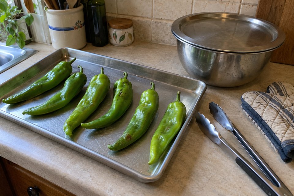 Fresh chile, roasting tray, tongs, covered bowl and mitts ready for roasting